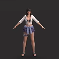 Young Woman In Short Sleeved White Top And Blue Plaid Skirt Standing With Arms Outstretched
