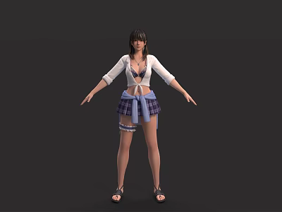 Young Woman In Short Sleeved White Top And Blue Plaid Skirt Standing With Arms Outstretched 3d model