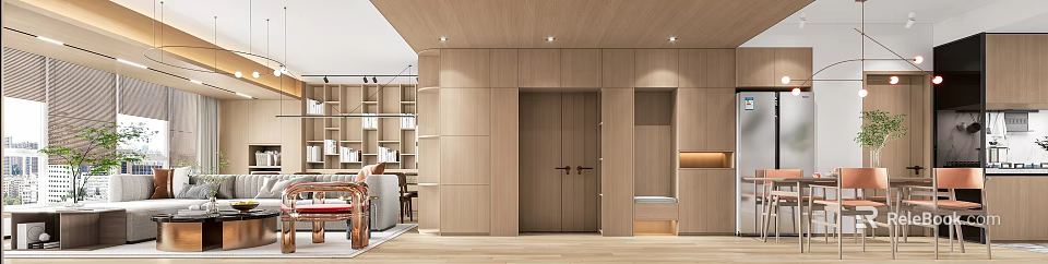Modern Minimalist Living and Dining Room Interior With Wooden Walls Open Shelves And Cozy Lighting 3d model 