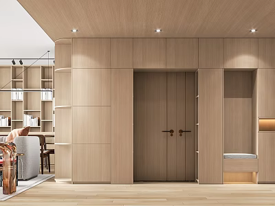 Modern Minimalist Living and Dining Room Interior With Wooden Walls Open Shelves And Cozy Lighting 3d model