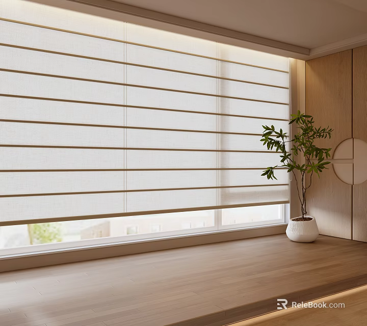 Minimalist White Venetian Blinds In Interior With Wooden Windowsill And Green Plant 3d model 