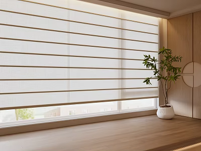 Minimalist White Venetian Blinds In Interior With Wooden Windowsill And Green Plant 3d model