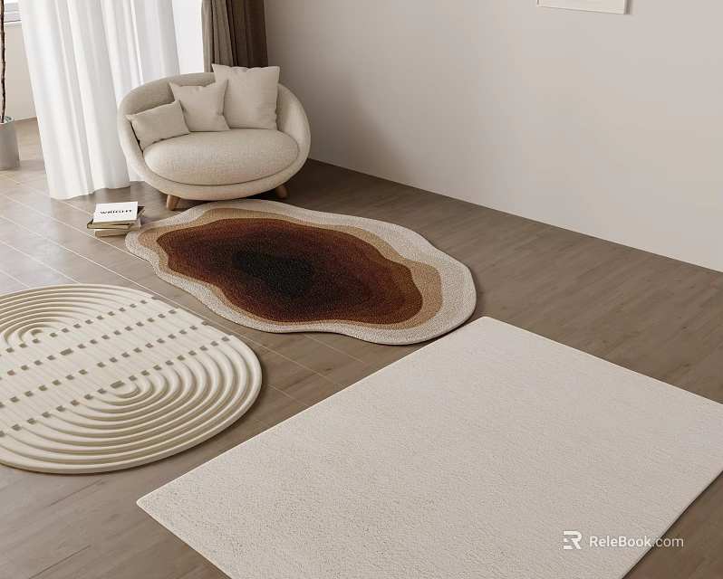 Variety Of Shaped Rugs In Living Room With Armchair And Curtains 3d model 