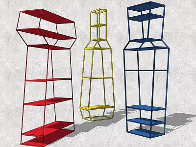 Three Colorful Metal Frame Shelving Units With Multiple Storage Shelves 3d model