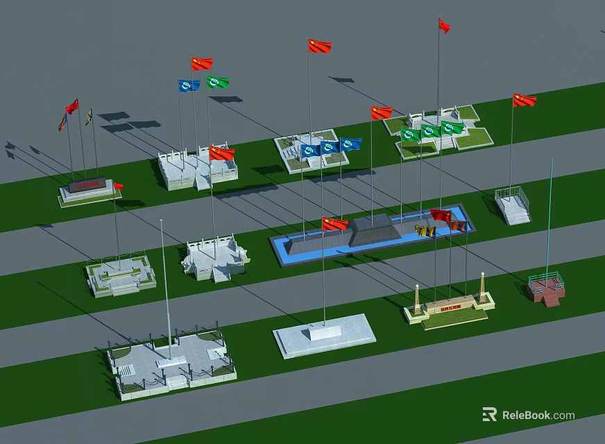 Colorful National Flags From Different Countries On Poles In Public Square Area 3d model 
