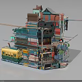Colorful Multi Level Building 3D Model With Panda Graphic Yellow Tram And Balconies