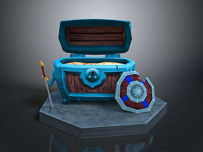 Open Treasure Chest Display With Gold Coins Sword And Shield On Hexagonal Stone Pedestal 3d model