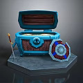 Open Treasure Chest Display With Gold Coins Sword And Shield On Hexagonal Stone Pedestal