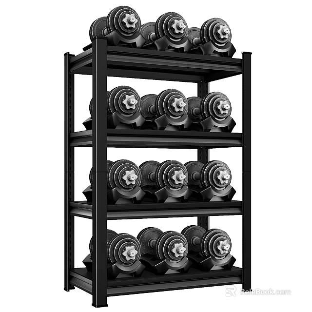 Black Multi-layer Dumbbell Rack with Neatly Arranged Dumbbells on Each Layer 3d model