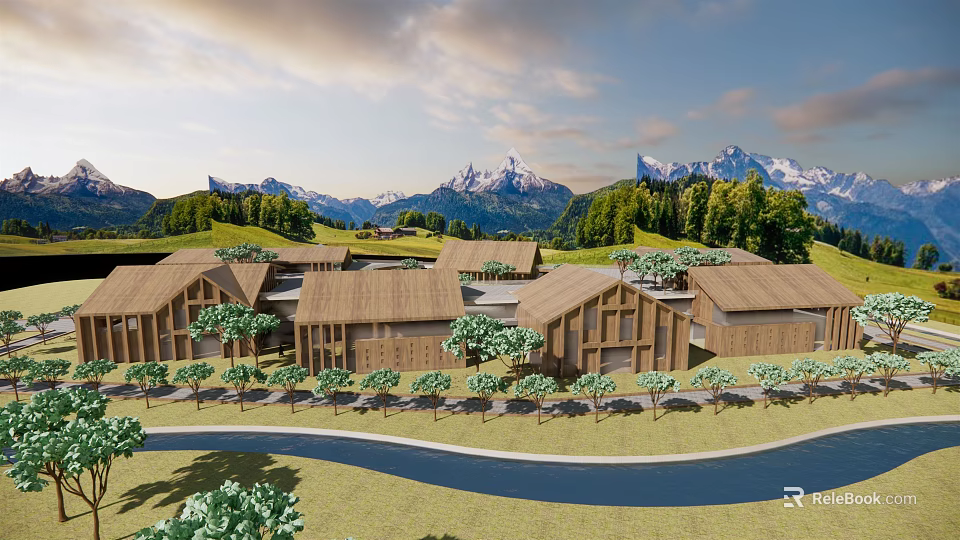Rustic Wooden Houses Complex With Mountain View Green Trees And Curved Road 3d model 