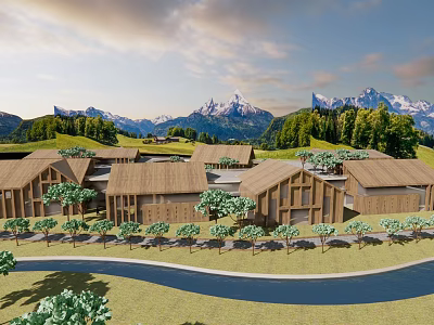 Rustic Wooden Houses Complex With Mountain View Green Trees And Curved Road 3d model