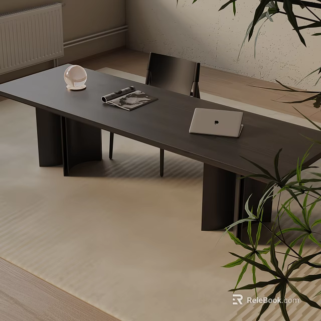 Modern Black Long Dining Table Set with Chairs Laptop Magazine White Ornament and Green Plant 3d model 