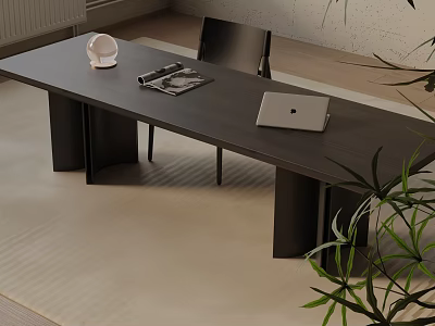 Modern Black Long Dining Table Set with Chairs Laptop Magazine White Ornament and Green Plant 3d model