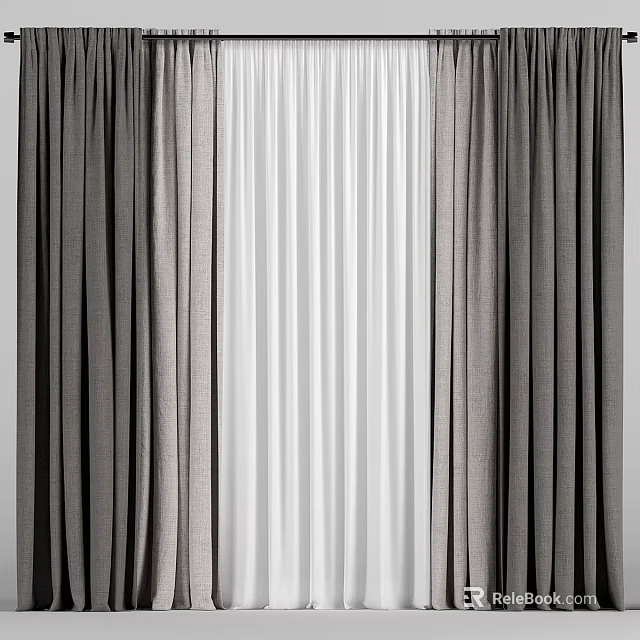 Elegant Window Curtains With Grey Fabric Panels And White Sheer Layers 3d model