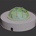 Cartoon Scene of Round White Building With Geometric Glass Dome And Interior Details