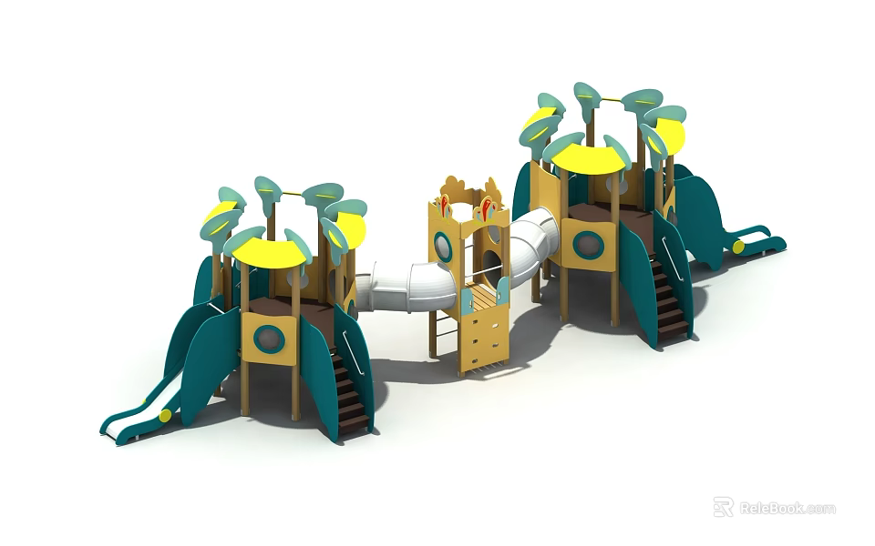 Outdoor Playground Structure With Green Yellow Design Slides Climbing Towers White Tunnel Stairs And Platforms 3d model 