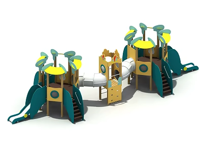 Outdoor Playground Structure With Green Yellow Design Slides Climbing Towers White Tunnel Stairs And Platforms 3d model