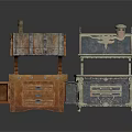 Vintage Household Stoves Featuring Wooden And Decorative Metal Arched Lids
