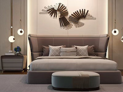 Elegant Modern Bedroom Bed With Headboard Art Nightstand Lamp Bed Bench And Light Gray Tone 3d model