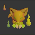 Cute Little Orange Fox With White Head Fur Sitting Near Small Blue Flame Creatures