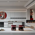 Modern Tea Room With Long Table Stools And Decorative Elements