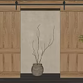 Wooden Hinged Double Doors Interior Design With Light Wall Wooden Floor And Clay Pot Branches