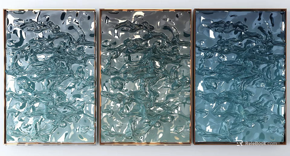 Teal Glass Triptych Wall Decor With Wavy Texture And Gold Frame 3d model 