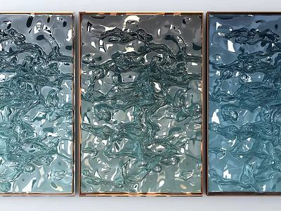 Teal Glass Triptych Wall Decor With Wavy Texture And Gold Frame 3d model