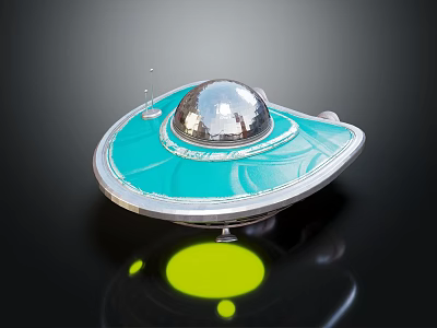 Turquoise Flying Saucer Model With Silver Dome And Yellow Glowing Base On Reflective Black Surface 3d model