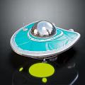 Turquoise Flying Saucer Model With Silver Dome And Yellow Glowing Base On Reflective Black Surface