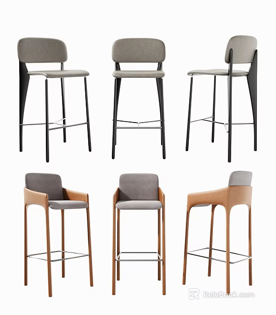 Modern Bar Stools With Backrest Design Gray Fabric And Wooden Metal Frames 3d model