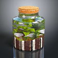 Decorative Ceramic Jar with Cork Lid Green Plants White Stones and Brown White Stripes