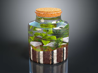 Decorative Ceramic Jar with Cork Lid Green Plants White Stones and Brown White Stripes 3d model