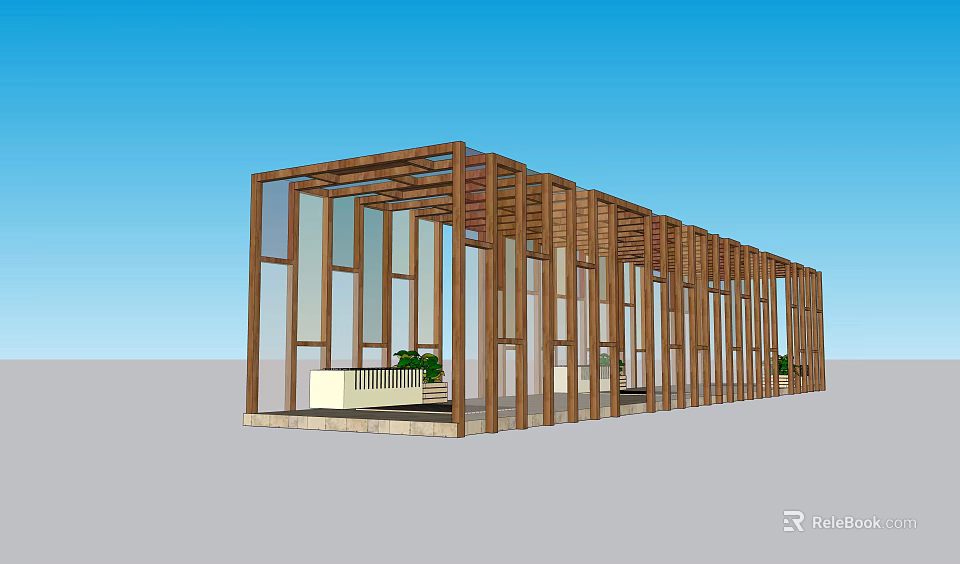 Modern Wooden Pergola With Glass Panels Green Plants And Open Structure 3d model 