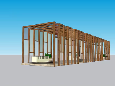 Modern Wooden Pergola With Glass Panels Green Plants And Open Structure 3d model