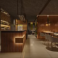 Modern Restaurant Interior With Wooden Walls Dining Tables Chairs Green Plants And Lighting
