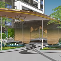 Modern Curved Pergola Design In Garden With Greenery Pathway And Circular Floor