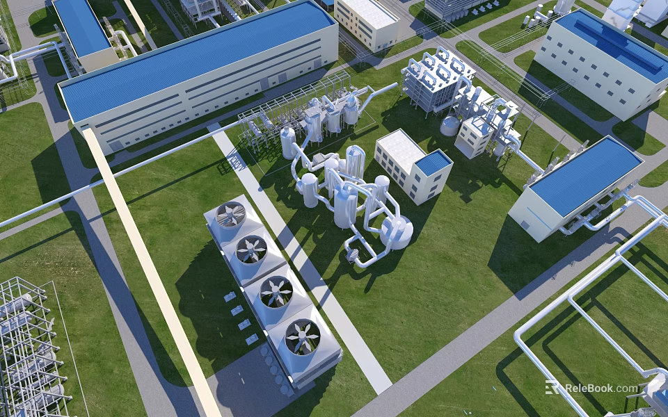 Industrial Plant With Blue Roof Buildings Large Equipment Pipes And Cooling Towers On Green Lawn 3d model 