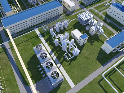 Industrial Plant With Blue Roof Buildings Large Equipment Pipes And Cooling Towers On Green Lawn 3d model