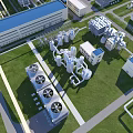 Industrial Plant With Blue Roof Buildings Large Equipment Pipes And Cooling Towers On Green Lawn