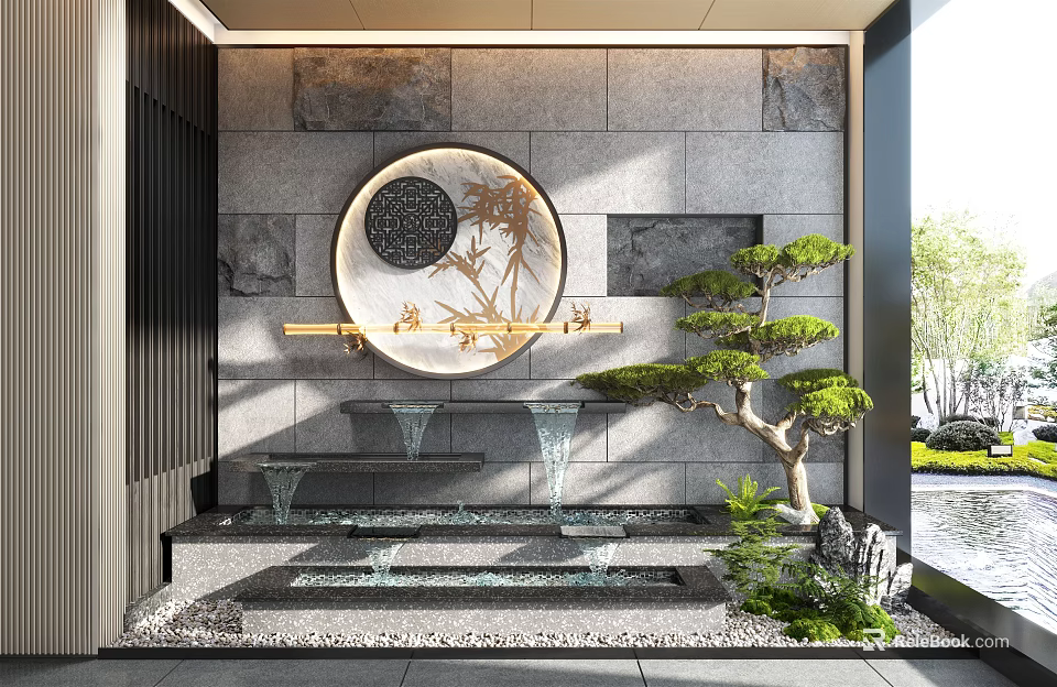 Chinese Garden Wall With Circular Decor Stone Surface Water Feature And Pine Tree 3d model