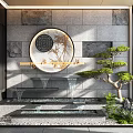 Chinese Garden Wall With Circular Decor Stone Surface Water Feature And Pine Tree 3d model