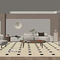 Modern Living Room Interior With Beige Sofa Wooden Coffee Table And Checkered Rug