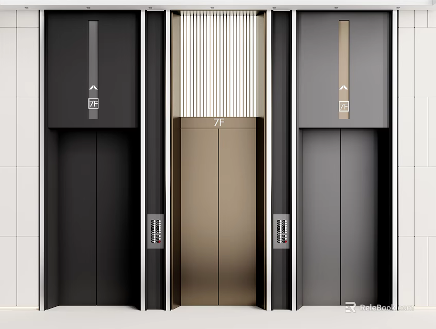 Modern Elevator Design With Three Units In Black Gold And Gray Finishes 3d model 