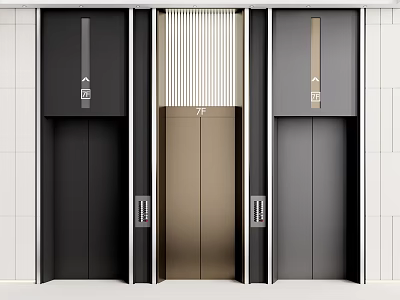 Modern Elevator Design With Three Units In Black Gold And Gray Finishes 3d model