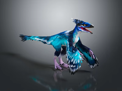 Vibrant Blue Feathered Creature Resembling Dinosaur With Spread Wings Open Mouth And Purple Feet 3d model