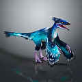 Vibrant Blue Feathered Creature Resembling Dinosaur With Spread Wings Open Mouth And Purple Feet