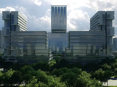 Modern Office Building Complex With Glass Facade High Rise Towers And Green Trees 3d model
