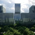 Modern Office Building Complex With Glass Facade High Rise Towers And Green Trees