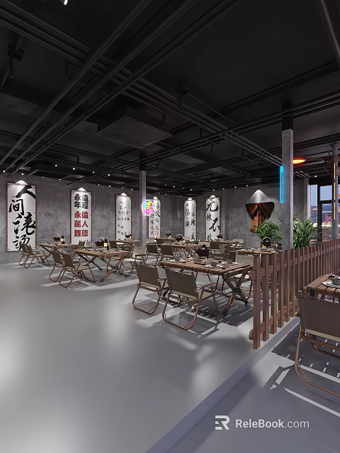 Modern Industrial Hotpot Restaurant Interior With Chinese Calligraphy Decor Wooden Tables And Green Plants 3d model 